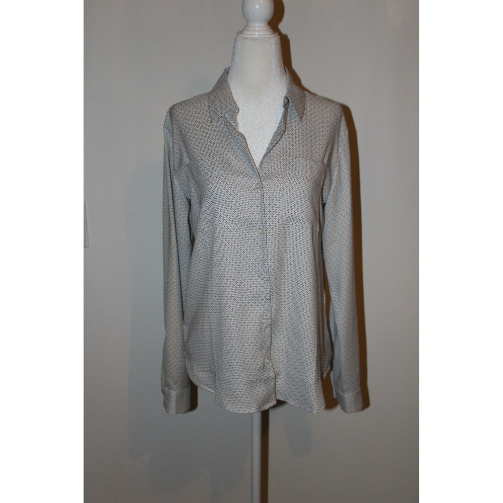 Ann Taylor Women's XS White Geometric Print Long Sleeve Button Down Blouse NWT